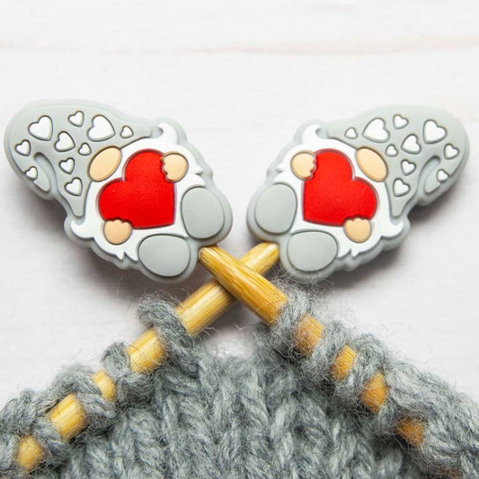 Stitch stoppers - Fox & Pine - set of 2 knitting needle stoppers - Grey gnomes with hearts