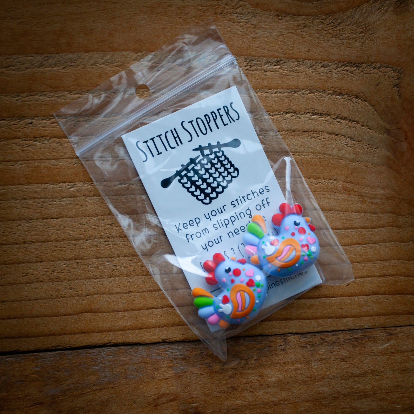 Stitch stoppers - Fox & Pine - set of 2 knitting needle stoppers - Colorful chicken