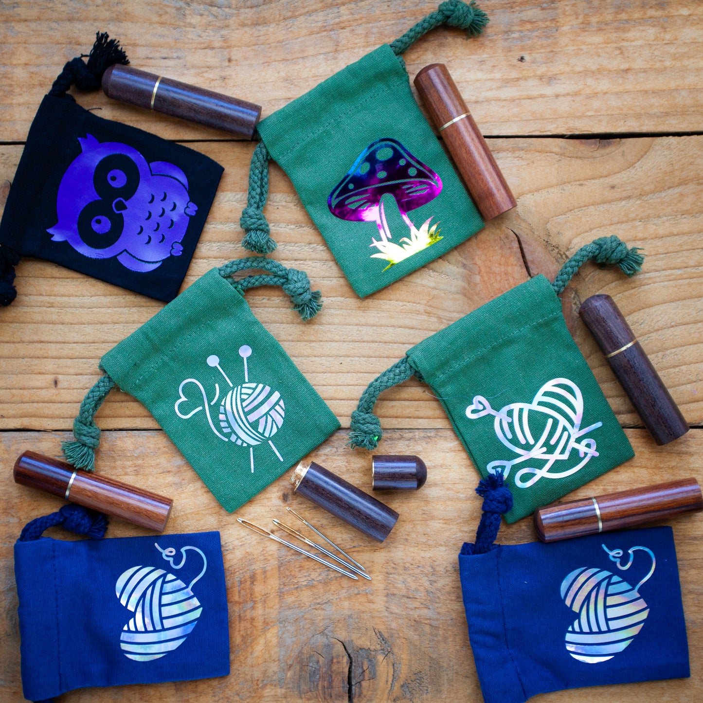 Set of 3 Darning Needles with Wooden Case & Drawstring Pouch