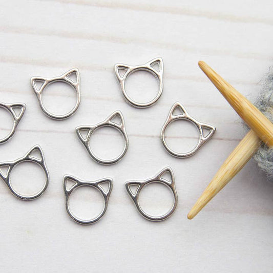 Set of 8 Fox & Pine stitch markers for knitting - Silver Cat - Closed Ring