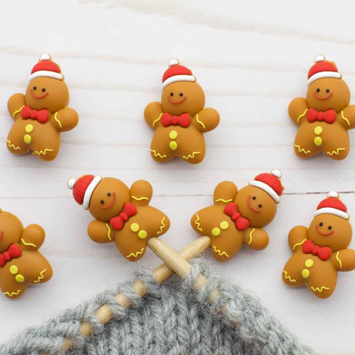 Stitch stoppers - Fox & Pine - set of 2 knitting needle stoppers - Christmas Cheerful Gingerbread