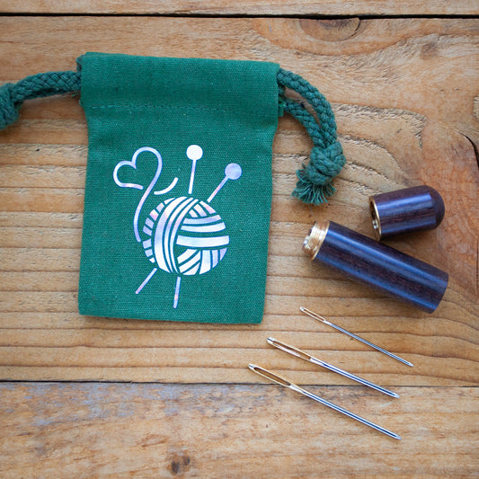 Set of 3 Darning Needles with Wooden Case & Drawstring Pouch