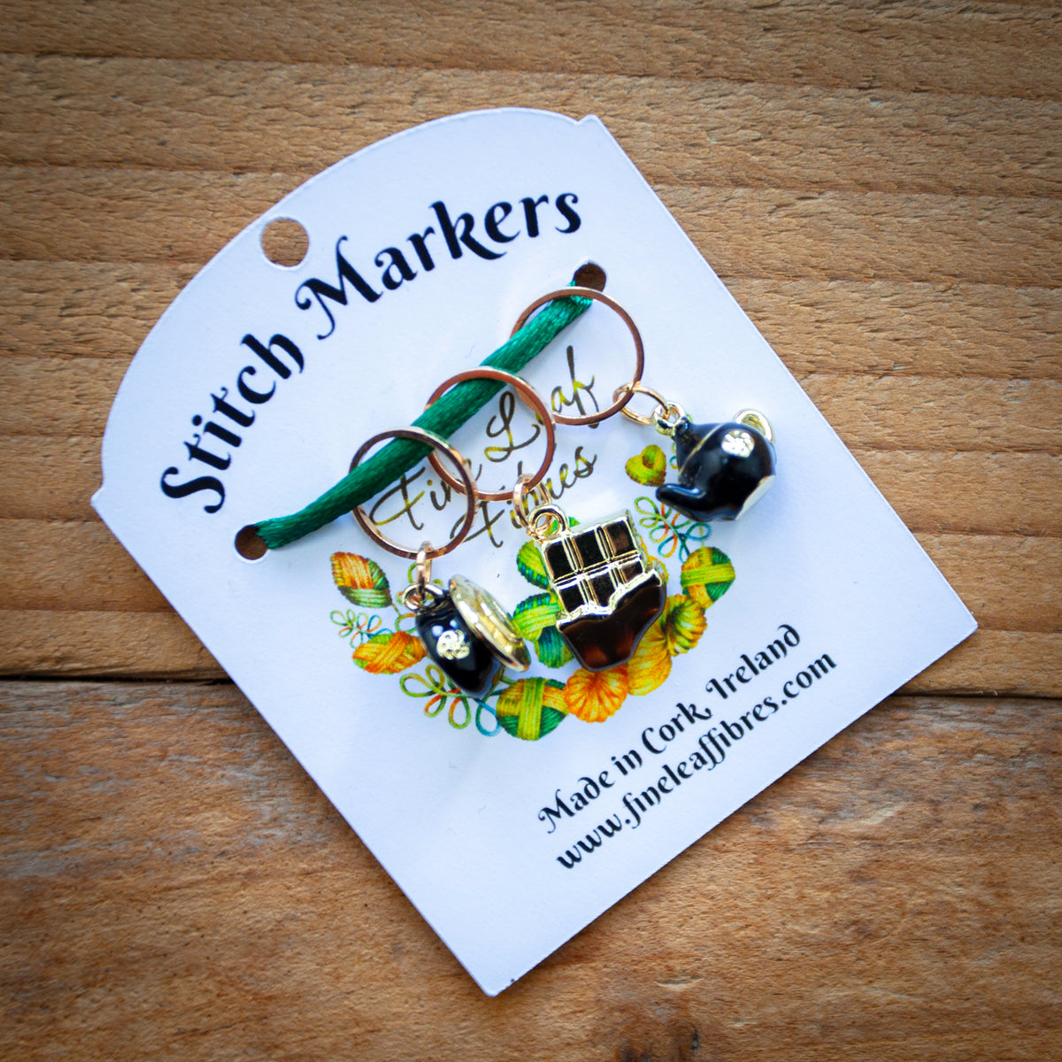 Set of 3 Knitting Stitch Markers - Black tea set and a sweet treat