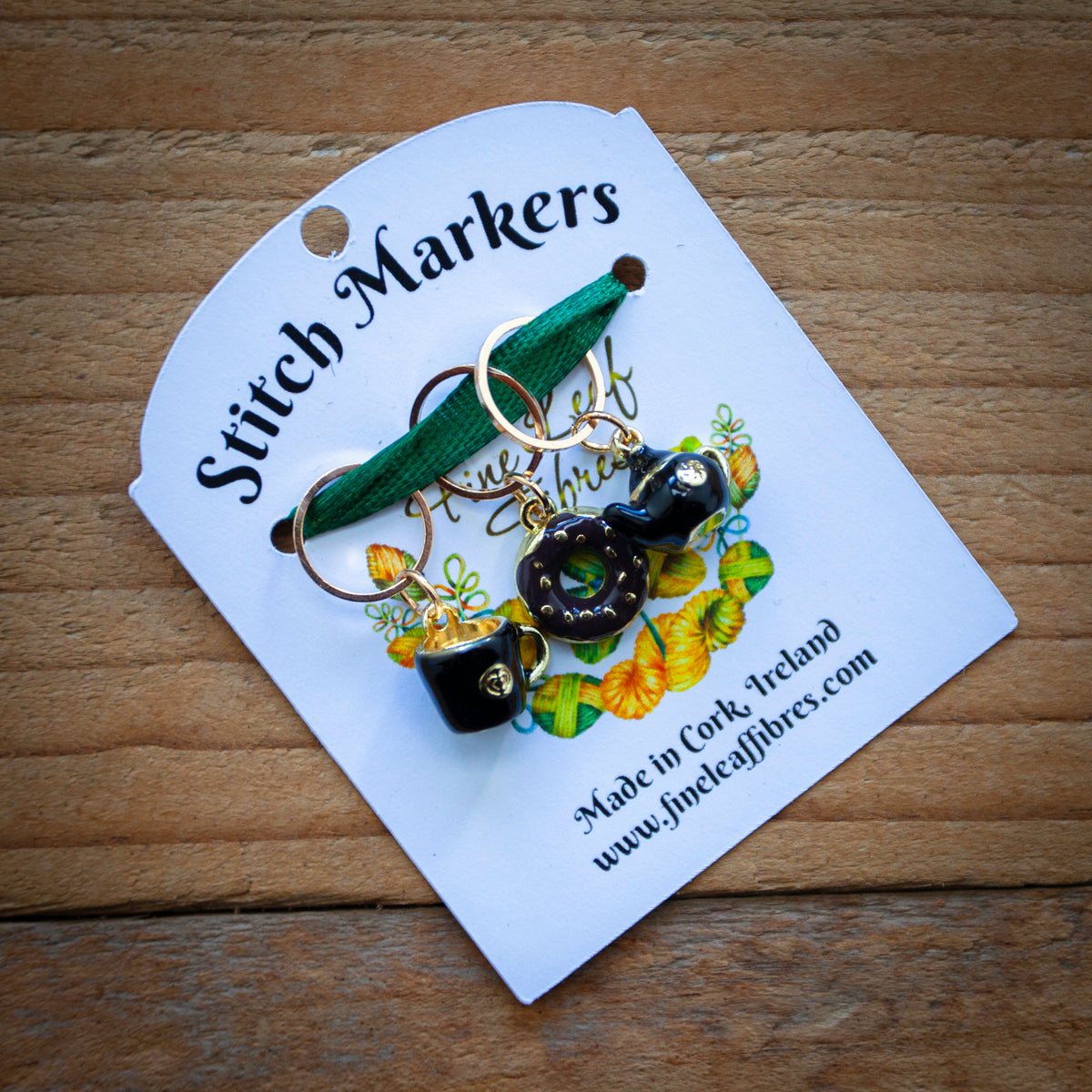 Set of 3 Knitting Stitch Markers - Black tea set and a sweet treat