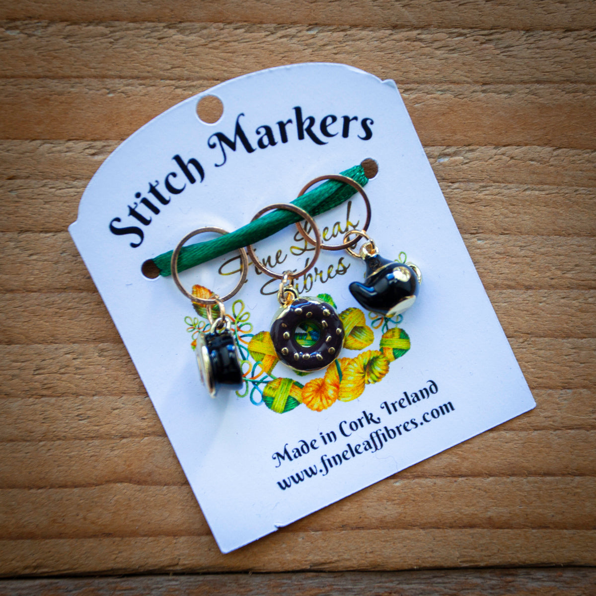 Set of 3 Knitting Stitch Markers - Black tea set and a sweet treat