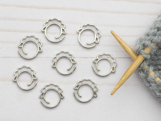Set of 8 Fox & Pine stitch markers for knitting and crochet - Silver Sheep - Open/Split Ring (Copy)