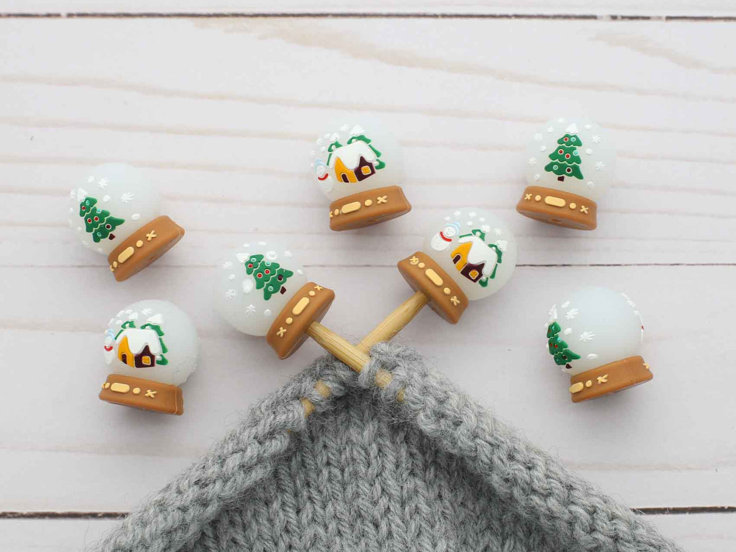 Stitch stoppers - Fox & Pine - set of 2 knitting needle stoppers - Christmas Snow Globes